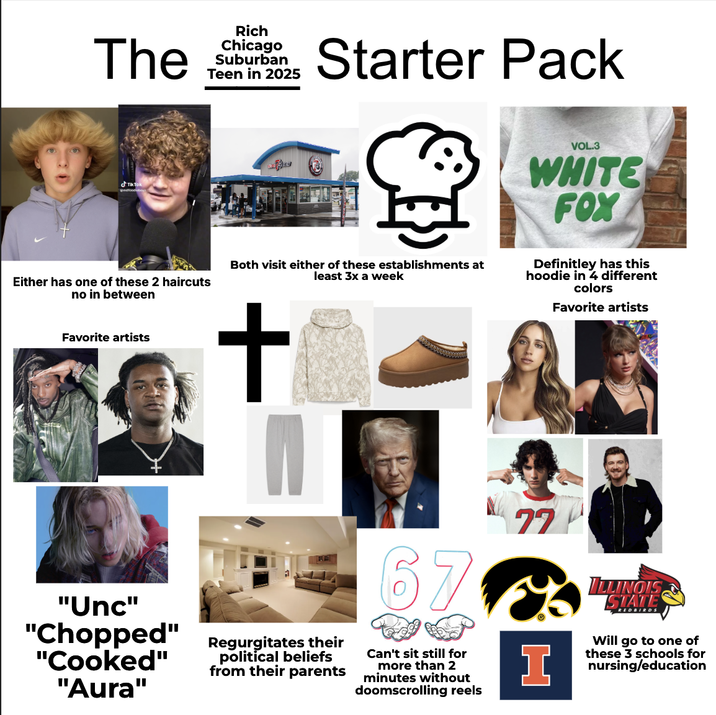 The Tik Tok Rich Chicago Suburban Teen in 2025 Starter Pack Either has one of these 2 haircuts no in between Favorite artists Both visit either of these establishments at least 3x a week + VOL.3 WHITE FOX Definitley has this hoodie in 4 different colors Favorite artists "Unc" "Chopped" Regurgitates their "Cooked" "Aura" political beliefs from their parents 67 Can't sit still for more than 2 minutes without doomscrolling reels 77 I ILLINOIS STATE REDBIRDS Will go to one of these 3 schools for nursing/education