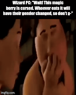 Wizard PC: "Wait! This magic berry is cursed. Whoever eats it will have their gender changed, so don't g-" imgflip.com