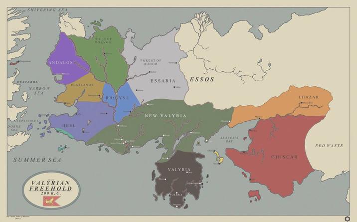 SHIVERING SEA ANDALOS HILLS OF NORVOS WESTEROS FLATLANDS NARROW SEA RHOYNE STEPSTONES DORNE SEA HEEL SUMMER SEA C VALYRIAN FREEHOLD 200 B.C. My Vol Thirys FOREST OF QOHOR Ex Qobor ESSARIA Talys NEW VALYRIA Rayos e ESSOS VALYRIA Velost ALYRIA Descorys SLAVER S BAY Me LHAZAR Mit RED WASTE GHISCAR
