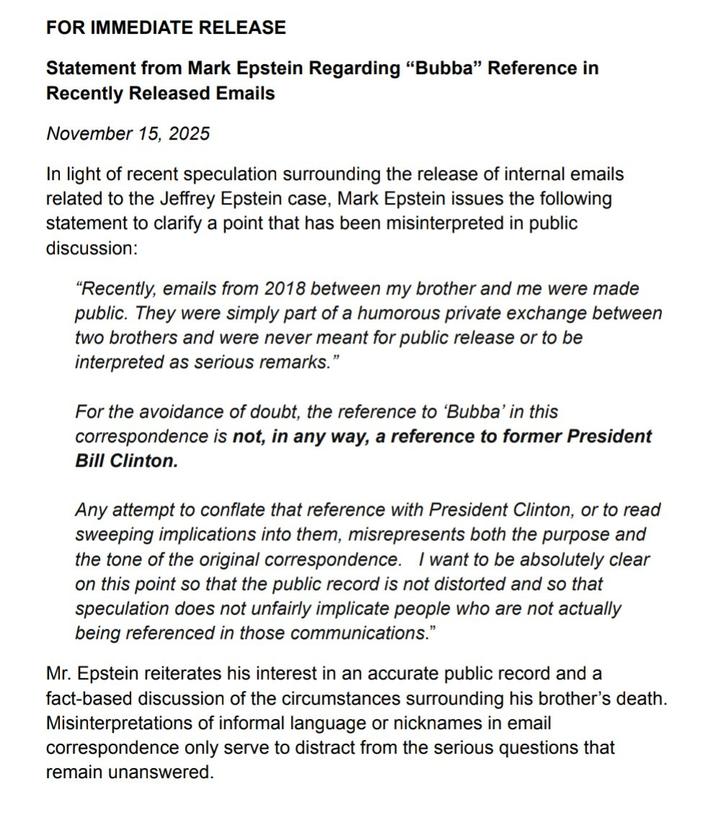 Statement issued by Mark Epstein denying that his email about "Donald Trump blowing Bubba" was made in reference to former U.S. President Bill Clinton.