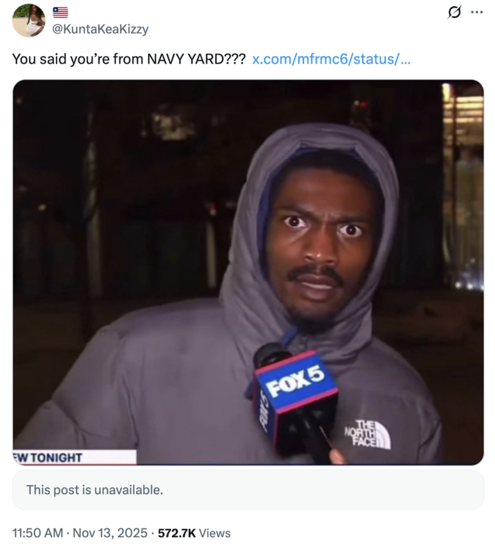 Tweet by @KuntaKeaKizzy that reads, "You said you’re from NAVY YARD???"