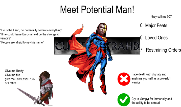 Meet Potential Man! they call me 007 0 Major Feats 0 Loved Ones "He is the Land, he potentially controls everything" "If he could leave Barovia he'd be the strongest vampire" "People are afraid to say his name" Give me liberty Give me fire give me Low Level PC's or I retire CU TRAHD 7 Restraining Orders Face death with dignaty and enshrine yourself as a powerful warrior Cry to Vampyr for immortaliy and the ability to be a fraud