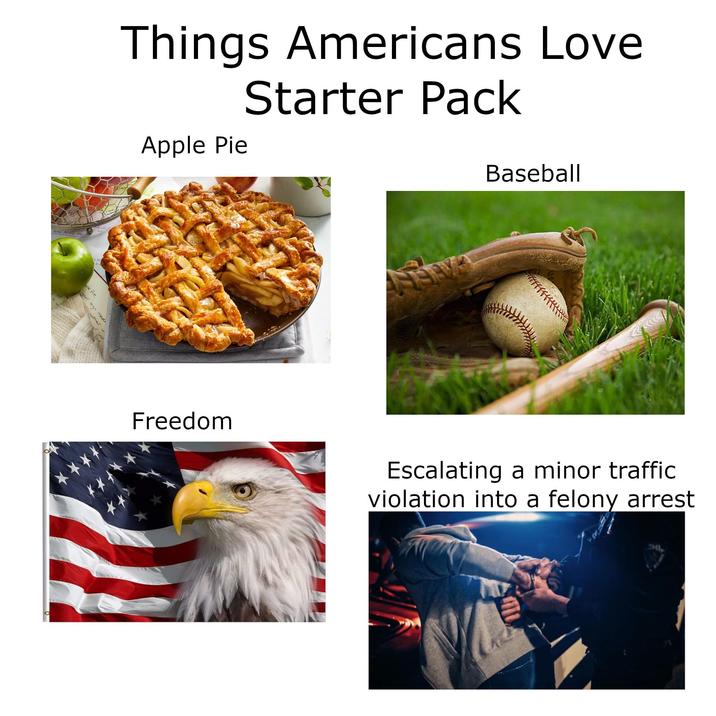 +4 Things Americans Love Starter Pack pke Pit your sign made nother w Apple Pie Freedom Baseball Escalating a minor traffic violation into a felony arrest