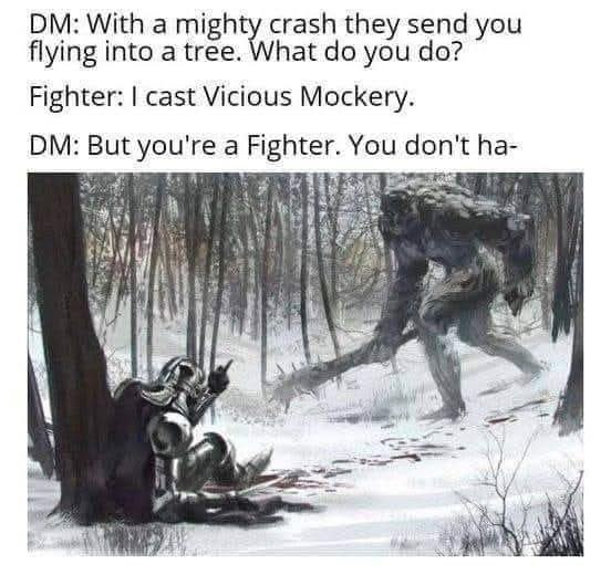 DM: With a mighty crash they send you flying into a tree. What do you do? Fighter: I cast Vicious Mockery. DM: But you're a Fighter. You don't ha-