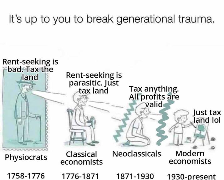 It's up to you to break generational trauma. Rent-seeking is bad. Tax the land Rent-seeking is parasitic. Just tax land Tax anything. All profits are valid Just tax land lol Physiocrats Classical economists Neoclassicals Modern economists 1758-1776 1776-1871 1871-1930 1930-present