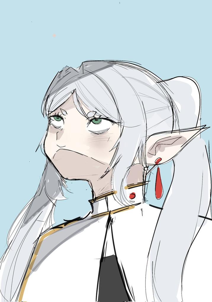 An attempt at drawing the Frieren looking up meme. The art is by @say_nri.
