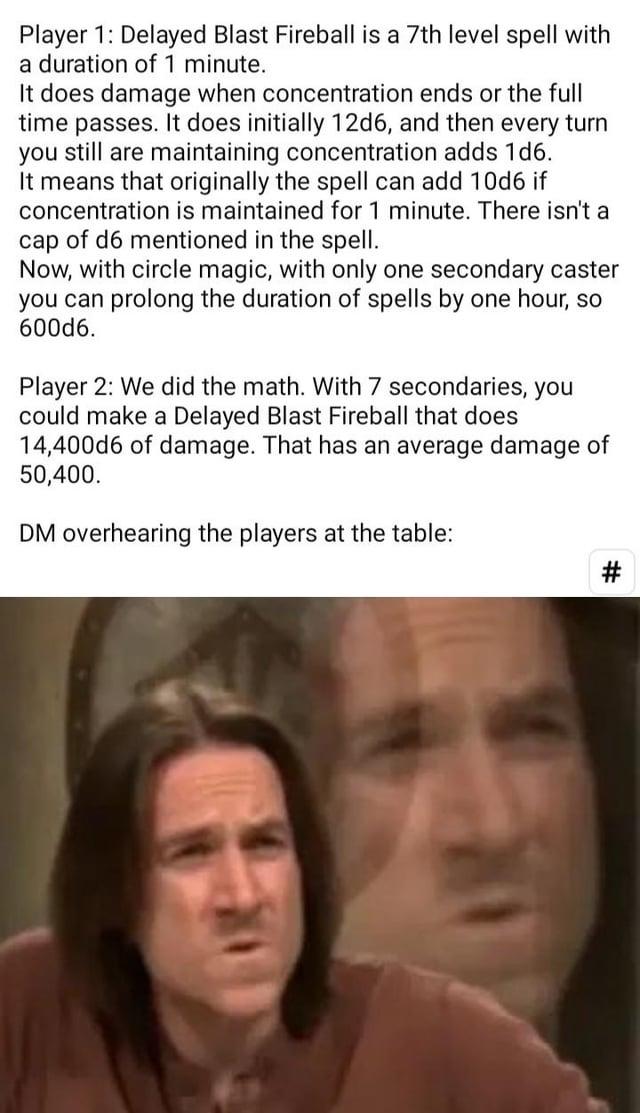 Player 1: Delayed Blast Fireball is a 7th level spell with a duration of 1 minute. It does damage when concentration ends or the full time passes. It does initially 12d6, and then every turn you still are maintaining concentration adds 1d6. It means that originally the spell can add 10d6 if concentration is maintained for 1 minute. There isn't a cap of d6 mentioned in the spell. Now, with circle magic, with only one secondary caster you can prolong the duration of spells by one hour, so 600d6. Player 2: We did the math. With 7 secondaries, you could make a Delayed Blast Fireball that does 14,400d6 of damage. That has an average damage of 50,400. DM overhearing the players at the table: #