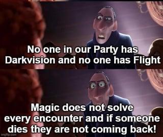 No one in our Party has Darkvision and no one has Flight Magic does not solve every encounter and if someone dies they are not coming back!