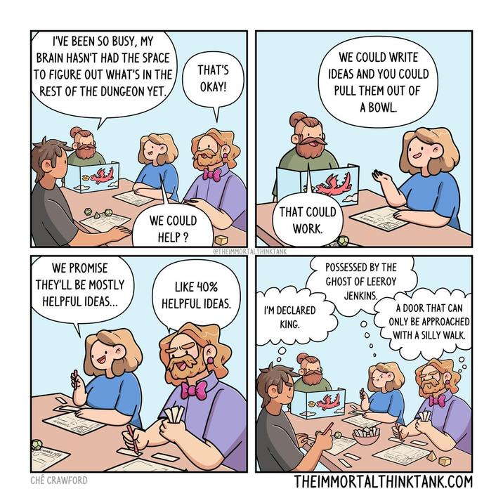 I'VE BEEN SO BUSY, MY BRAIN HASN'T HAD THE SPACE TO FIGURE OUT WHAT'S IN THE THAT'S REST OF THE DUNGEON YET. OKAY! WE COULD HELP? WE PROMISE THEY'LL BE MOSTLY HELPFUL IDEAS... LIKE 40% HELPFUL IDEAS. CHÉ CRAWFORD WE COULD WRITE IDEAS AND YOU COULD PULL THEM OUT OF A BOWL. THAT COULD WORK. KTANK I'M DECLARED KING. POSSESSED BY THE GHOST OF LEEROY JENKINS. A DOOR THAT CAN ONLY BE APPROACHED WITH A SILLY WALK. P THEIMMORTALTHINKTANK.COM