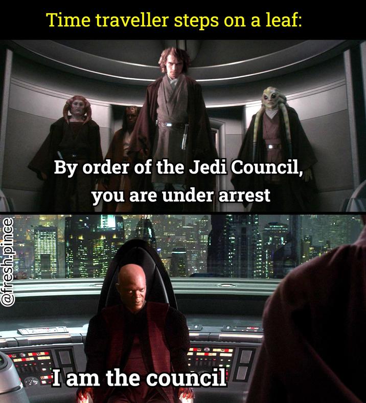 @fresh.pince Time traveller steps on a leaf: By order of the Jedi Council, you are under arrest I am I am the council