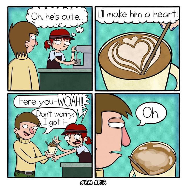 Oh, he's cute... I'll make him a heart! Here you-WOAH!!. Don't worry I got i- Oh. SAM ARIA