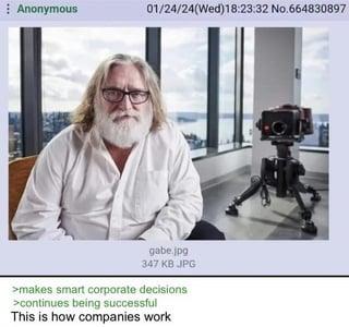 Anonymous 01/24/24(Wed)18:23:32 No.664830897 gabe.jpg 347 KB JPG >makes smart corporate decisions >continues being successful This is how companies work