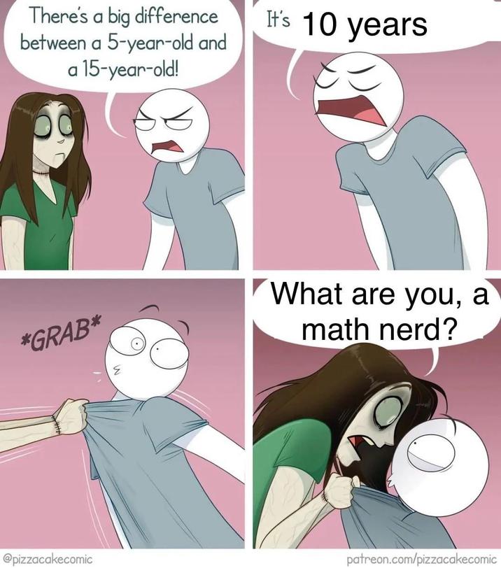 There's a big difference between a 5-year-old and a 15-year-old! *GRAB* It's 10 years What are you, a math nerd? @pizzacakecomic patreon.com/pizzacakecomic