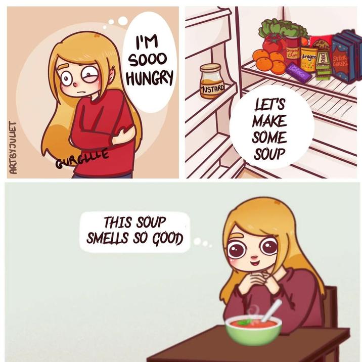 ARTBYJULIET GURGLLLE I'M SOOO HUNGRY THIS SOUP SMELLS SO GOOD MUSTARD LET'S MAKE SOME SOUP Origin Chips dragee SUPER GEREAT Choco