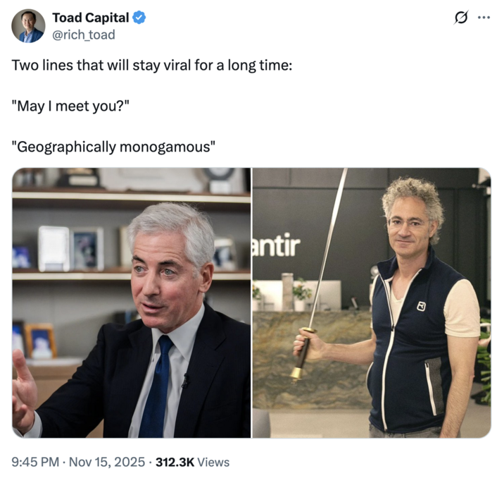 X user @rich_toad posted an image of Bill Ackman and Alex Karp next to the lines, "May I meet you?" and "Geographically monogamous." The post gathered over 7,000 likes in two days.