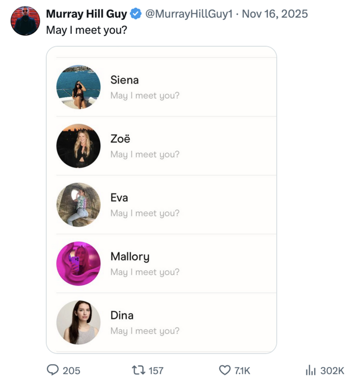X user @MurrayHillGuy1 posted a screenshot of him texting multiple women on a dating app, asking them, "May I meet you?"