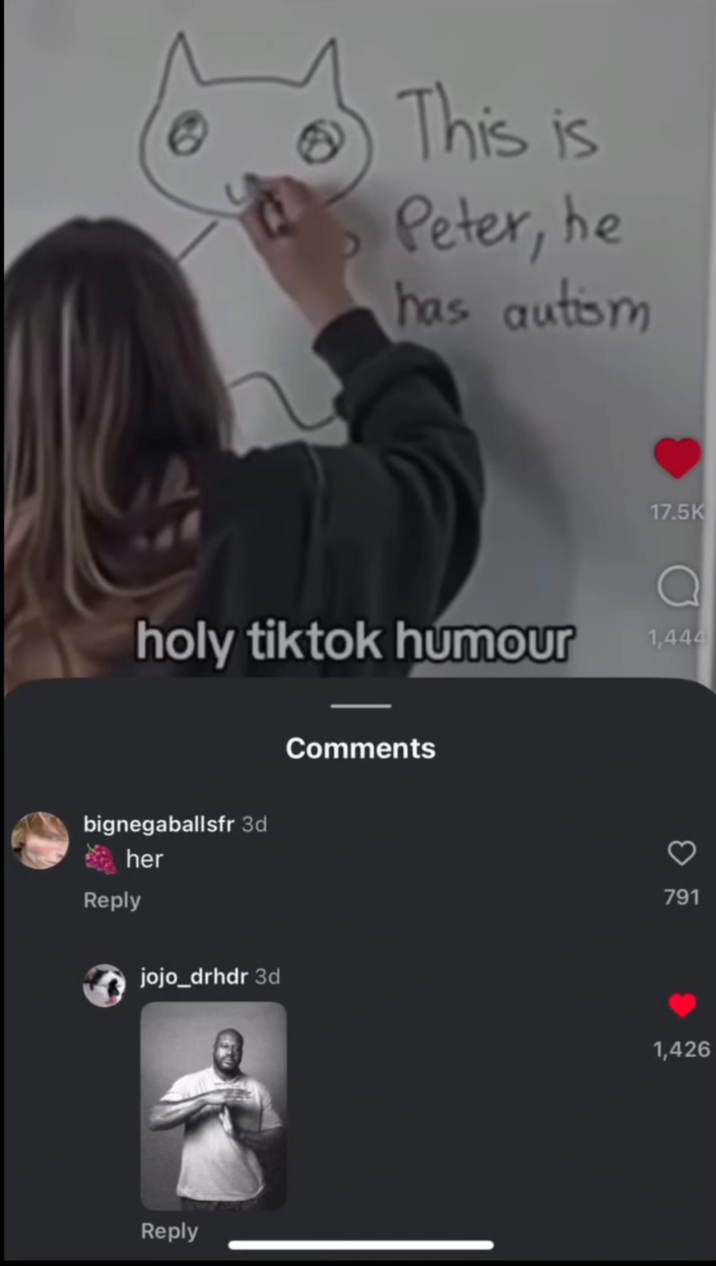 B This is Peter, he has autism 17.5K holy tiktok humour Q 1,444 bignegaballsfr 3d her Comments Reply jojo_drhdr 3d Reply 791 စစ် 1,426