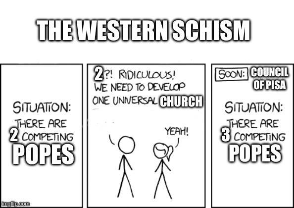 THE WESTERN SCHISM SITUATION: THERE ARE 2 COMPETING POPES 2?! RIDICULOUS! WE NEED TO DEVELOP ONE UNIVERSAL CHURCH YEAH! SOON: COUNCIL OF PISA SITUATION: THERE ARE 3 COMPETING POPES imgflip.com