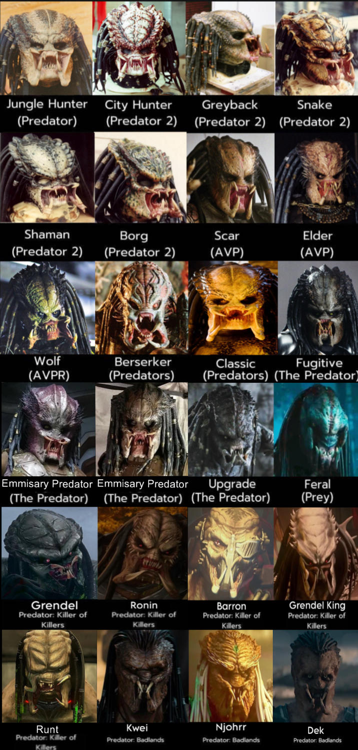 Jungle Hunter City Hunter (Predator) (Predator 2) Greyback (Predator 2) Snake (Predator 2) Shaman Borg Scar Elder (Predator 2) (Predator 2) (AVP) (AVP) Wolf (AVPR) Berserker (Predators) Classic Fugitive (Predators) (The Predator) Emmisary Predator Emmisary Predator Upgrade (The Predator) (The Predator) (The Predator) Feral (Prey) Grendel Predator: Killer of Ronin Predator: Killer of Killers Killers Barron Predator: Killer of Killers Grendel King Predator: Killer of Killers Runt Predator: Killer of Killers Kwei Njohrr Dek Predator: Badlands Predator: Badlands Predator: Badlands