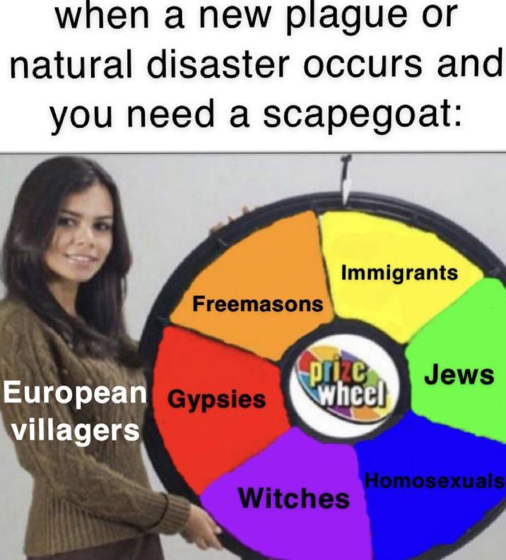 when a new plague or natural disaster occurs and you need a scapegoat: Immigrants Freemasons prize Jews European Gypsies wheel villagers Homosexuals Witches