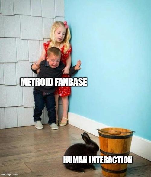 A "kids scared of rabbit":https://knowyourmeme.com/memes/kids-scared-of-rabbit meme. The meme is about the backlash to NPC helpers, including Myles MacKenzie, in Metroid Prime 4.