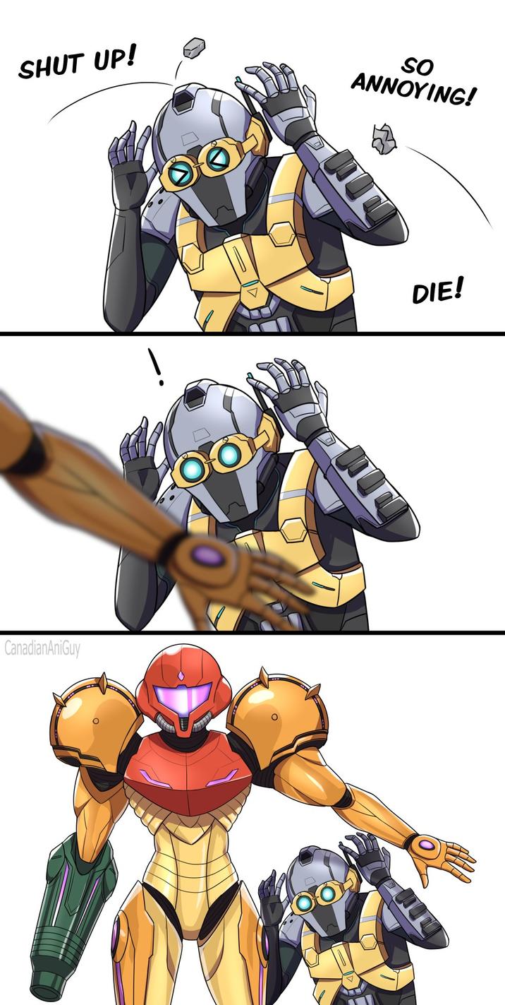 A piece of art by X user CanadianAniGuy. In the comic, Samus defends Myles.