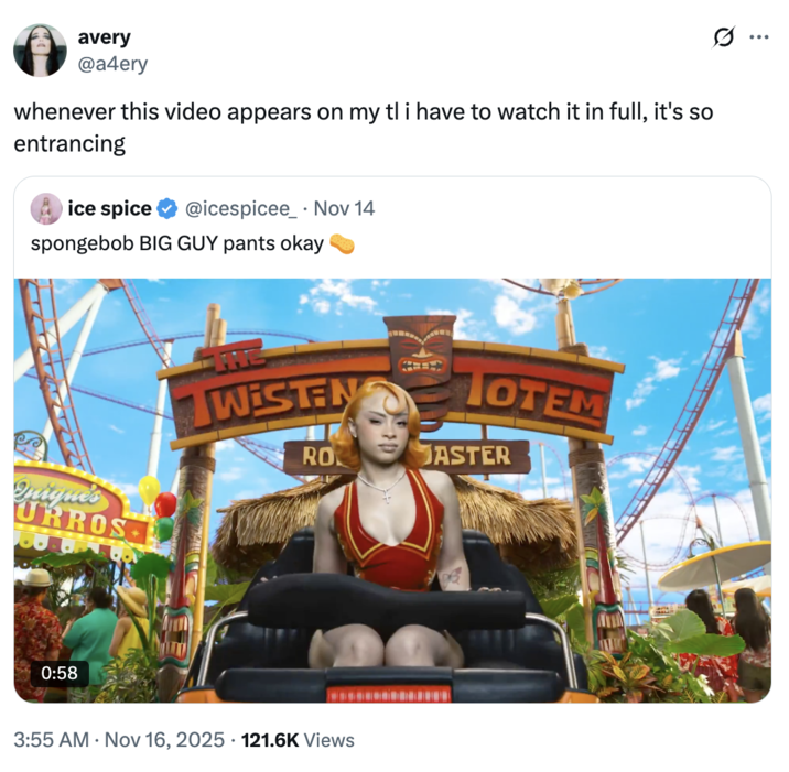 A "quote-tweet":https://knowyourmeme.com/memes/quote-retweets-qrts of the "Ice Spice":https://knowyourmeme.com/memes/people/ice-spice song "Big Guy" for the 2025 "_SpongeBob SquarePants_":https://knowyourmeme.com/memes/subcultures/spongebob-squarepants film _The SpongeBob Movie: Search for SquarePants_.