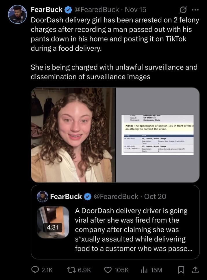 A tweet from X / Twitter user @FearedBuck about the DoorDash delivery girl being arrested on two felony charges following the viral story in October 2025.