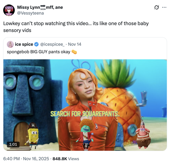 A "quote-tweet":https://knowyourmeme.com/memes/quote-retweets-qrts of the "Ice Spice":https://knowyourmeme.com/memes/people/ice-spice song "Big Guy" for the 2025 "_SpongeBob SquarePants_":https://knowyourmeme.com/memes/subcultures/spongebob-squarepants film _The SpongeBob Movie: Search for SquarePants_.