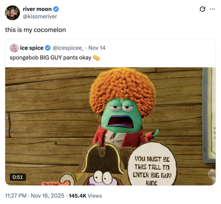 A "quote-tweet":https://knowyourmeme.com/memes/quote-retweets-qrts of the "Ice Spice":https://knowyourmeme.com/memes/people/ice-spice song "Big Guy" for the 2025 "_SpongeBob SquarePants_":https://knowyourmeme.com/memes/subcultures/spongebob-squarepants film _The SpongeBob Movie: Search for SquarePants_.