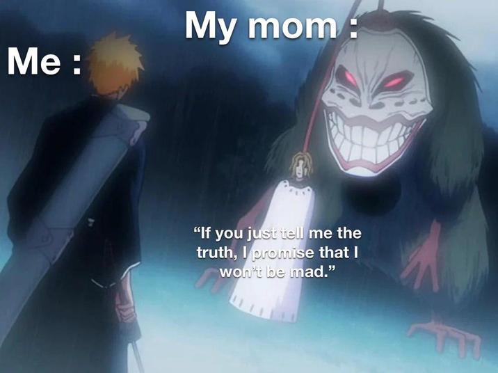 Me: My mom : "If you just tell me the truth, I promise that I won't be mad." ה