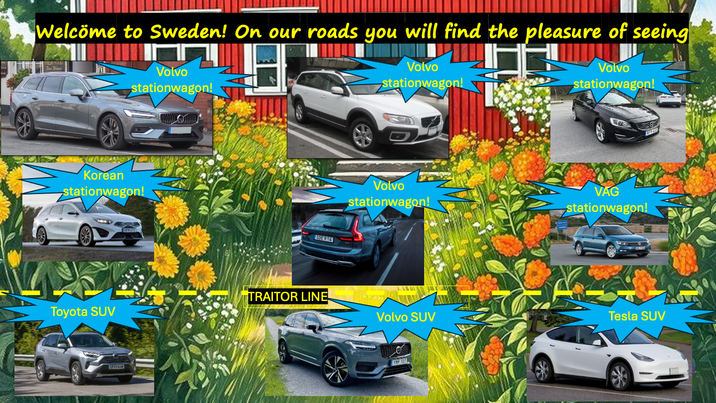 Welcome to Sweden! On our roads you will find the pleasure of seeing FRESH FOOD Volvo stationwagon! Volvo stationwagon! Volvo stationwagon! Korean stationwagon! Toyota SUV GP23 K-- GOE 914 TRAITOR LINE Volvo stationwagon! VAG stationwagon! Volvo SUV Tesla SUV YMP 107
