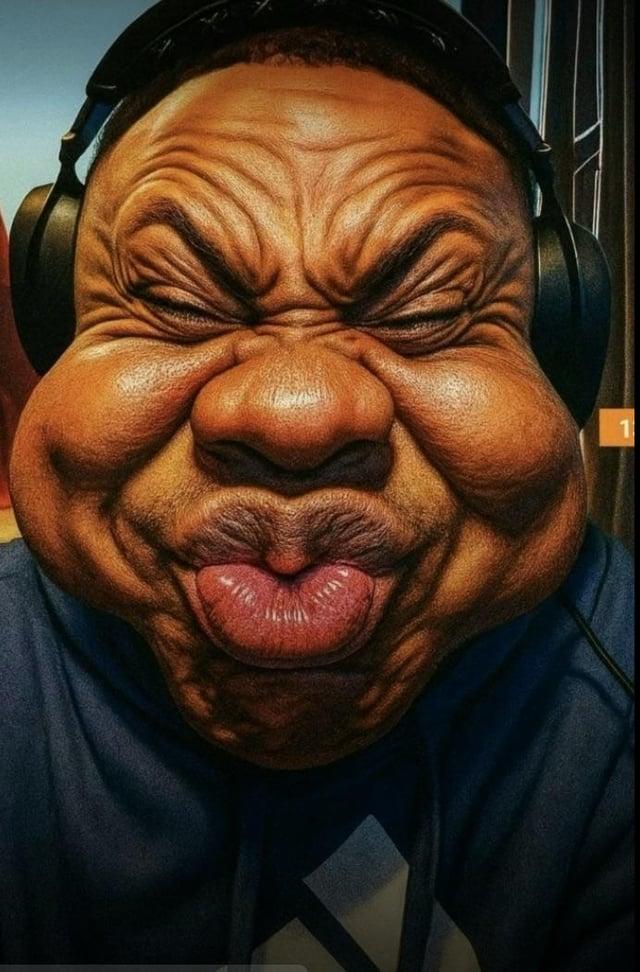 An "AI":https://knowyourmeme.com/memes/cultures/ai-artificial-intelligence edited photo of "IShowSpeed Smiling Trying Not to Laugh":https://knowyourmeme.com/memes/ishowspeed-smiling-trying-not-to-laugh, adding more wrinkles and exaggerated features.