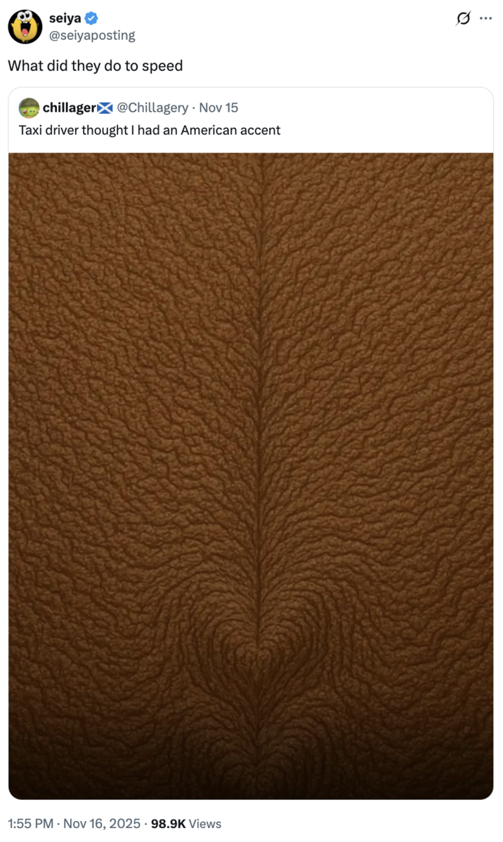 A "tweet":https://knowyourmeme.com/memes/sites/twitter-x using an unrecognizable "AI":https://knowyourmeme.com/memes/cultures/ai-artificial-intelligence edit of "IShowSpeed Smiling Trying Not to Laugh":https://knowyourmeme.com/memes/ishowspeed-smiling-trying-not-to-laugh, adding more wrinkles and exaggerated features.