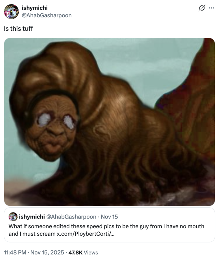 A "tweet":https://knowyourmeme.com/memes/sites/twitter-x using an unrecognizable "AI":https://knowyourmeme.com/memes/cultures/ai-artificial-intelligence edit of "IShowSpeed Smiling Trying Not to Laugh":https://knowyourmeme.com/memes/ishowspeed-smiling-trying-not-to-laugh, adding more wrinkles and exaggerated features.