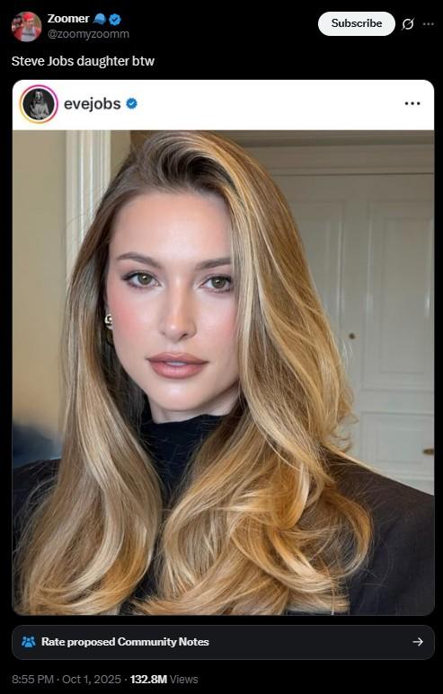 A post by @zoomyzoomm. The post reads, "Steve Jobs Daughter BTW" and shows a photo of Eve Jobs.