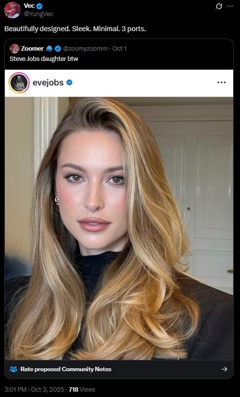 Vec @YungVec Beautifully designed. Sleek. Minimal. 3 ports. Zoomer @zoomyzoomm. Oct 1 Steve Jobs daughter btw evejobs ❤ Rate proposed Community Notes 3:01 PM - Oct 3, 2025.718 Views 0