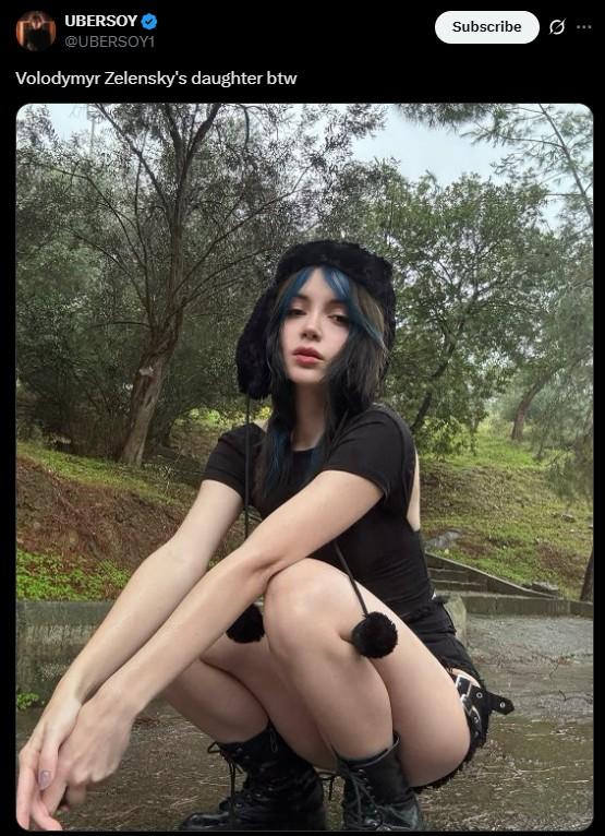 A tweet reading, "Volodymyr Zelensky's daughter btw."