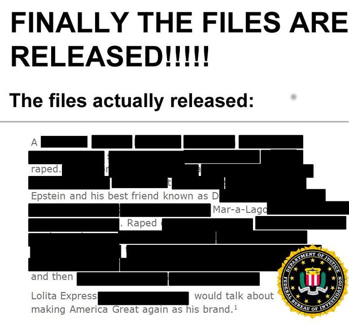FINALLY THE FILES ARE RELEASED!!!!! The files actually released: A r----. Epstein and his best friend known as D R---- Mar-a-Lago and then L----- Express would talk about making America Great again as his brand. 1 TMEN DEPARTM FEDERAL BUREA OF JUSTICE INVESTIGATION