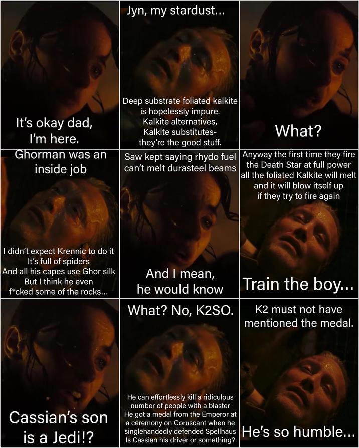 Jyn, my stardust... It's okay dad, I'm here. Ghorman was an inside job Deep substrate foliated kalkite is hopelessly impure. Kalkite alternatives, Kalkite substitutes- they're the good stuff. Saw kept saying rhydo fuel can't melt durasteel beams What? Anyway the first time they fire the Death Star at full power all the foliated Kalkite will melt and it will blow itself up if they try to fire again I didn't expect Krennic to do it It's full of spiders And all his capes use Ghor silk But I think he even f*cked some of the rocks... And I mean, he would know What? No, K2SO. Train the boy... K2 must not have mentioned the medal. Cassian's son is a Jedi!? He can effortlessly kill a ridiculous number of people with a blaster He got a medal from the Emperor at a ceremony on Coruscant when he singlehandedly defended Spellhaus He's so humble... Is Cassian his driver or something?