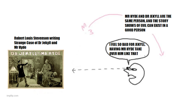 Robert Louis Stevenson writing Strange Case of Dr Jekyll and Mr Hyde DR. JEKYLL MR.HYDE imgflip.com 3 MR HYDE AND DR JEKYLL ARE THE SAME PERSON, AND THE STORY SHOWS OF EVIL CAN EXIST IN A GOOD PERSON I FEEL SO BAD FOR JEKYLL HAVING MR HYDE TAKE OVER HIM LIKE THAT