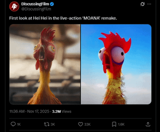 4 DiscussingFilm @DiscussingFilm First look at Hei Hei in the live-action 'MOANA' remake. 11:36 AM Nov 17, 2025 3.2M Views 1K 33K 1.6K
