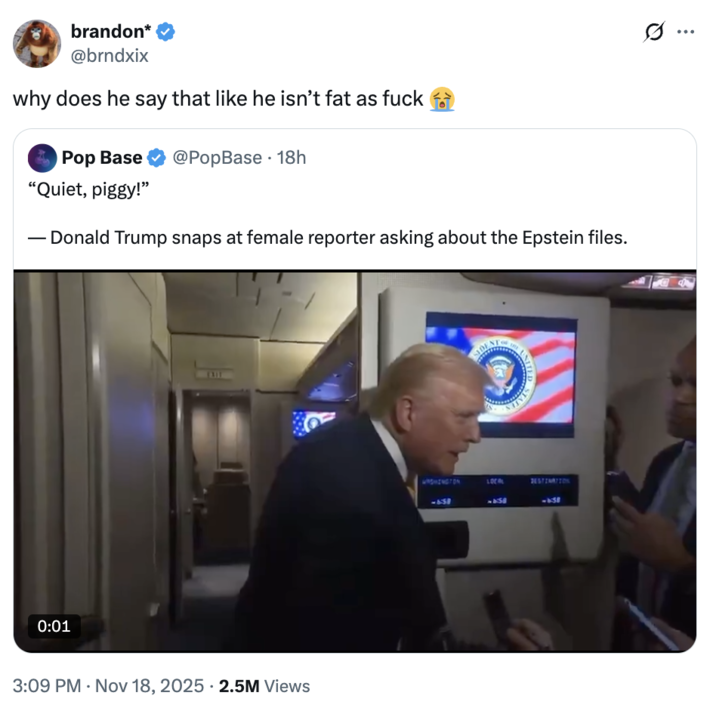 https://knowyourmeme.com/memes/quote-retweets-qrts joking about "Donald Trump":https://knowyourmeme.com/memes/people/donald-trump saying, "Quiet, piggy," to a female Bloomberg reporter in November 2025.
