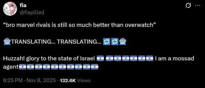 A tweet following the "translating" format. The tweet begins, “bro marvel rivals is still so much better than overwatch."