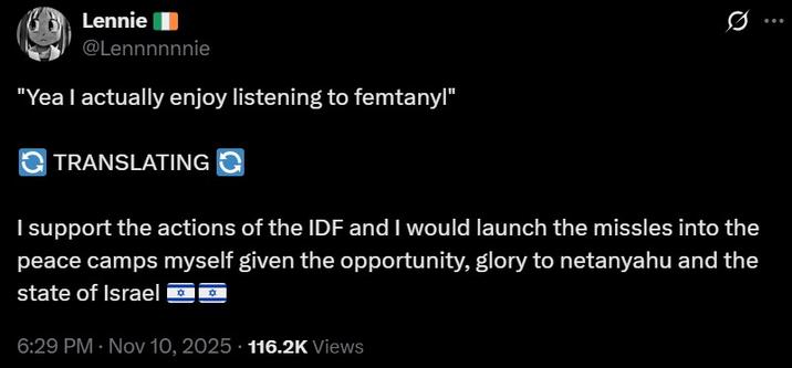 A tweet following the "translating" format. The tweet begins, "Yea I actually enjoy listening to femtanyl."