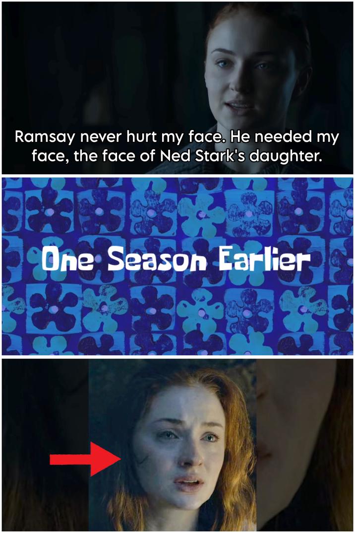 Ramsay never hurt my face. He needed my face, the face of Ned Stark's daughter. 8:31:383 One Season Earlier