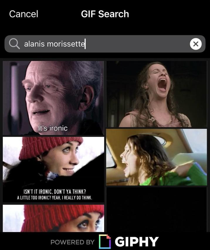 Cancel GIF Search alanis morissette It's ironic ISN'T IT IRONIC, DON'T YA THINK? A LITTLE TOO IRONIC? YEAH, I REALLY DO THINK. POWERED BY GIPHY