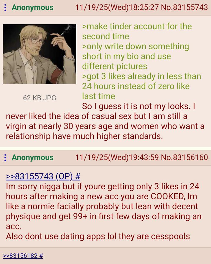 : Anonymous 62 KB JPG 11/19/25(Wed)18:25:27 No.83155743 >make tinder account for the second time >only write down something short in my bio and use different pictures >got 3 likes already in less than 24 hours instead of zero like last time So I guess it is not my looks. I never liked the idea of casual sex but I am still a virgin at nearly 30 years age and women who want a relationship have much higher standards. : Anonymous 11/19/25(Wed)19:43:59 No.83156160 >>83155743 (OP) # Im sorry n---- but if youre getting only 3 likes in 24 hours after making a new acc you are COOKED, Im like a normie facially probably but lean with decent physique and get 99+ in first few days of making an acc. Also dont use dating apps lol they are cesspools >>83156182 #