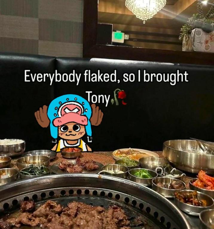 An edit of a meme of a dog at a dinner table. The meme features Chopper from One Piece.