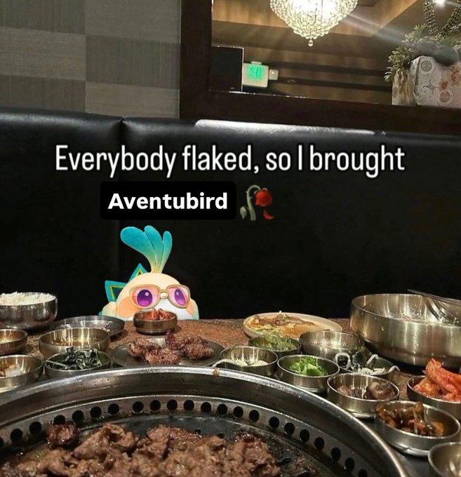 An edit of a meme of a dog at a dinner table. The meme features Aventubird.